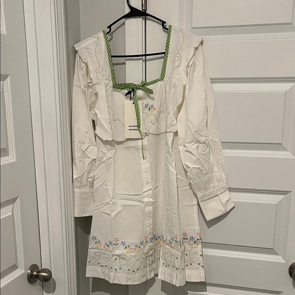 Damson Madder Dresses & Skirts - Damson Madder White Embroidered Long Sleeve Dress with Green Trim